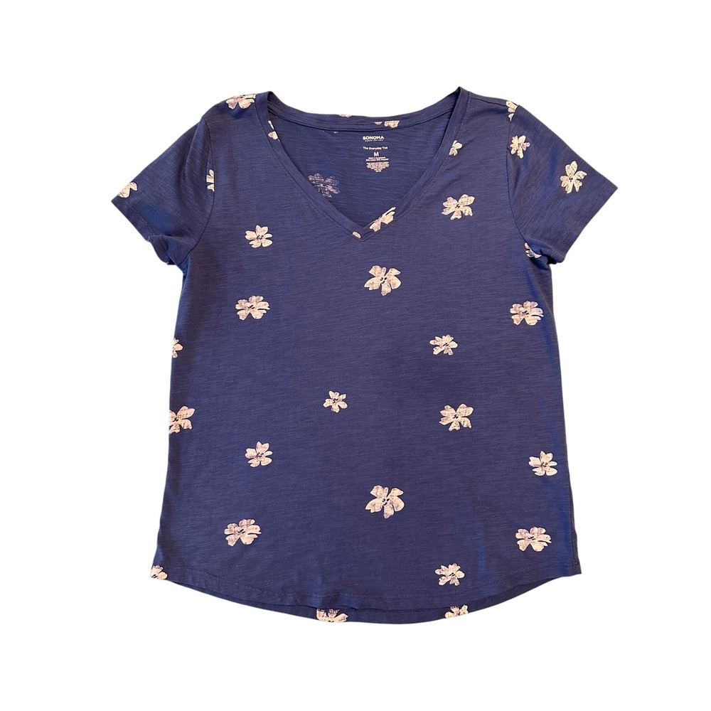 Sonoma Goods For Life Womens Blue Floral V-Neck Everyday Tee Shirt Size M